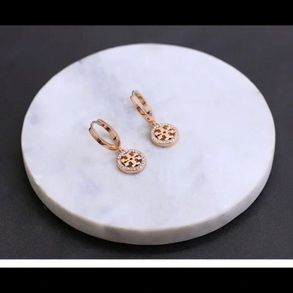 New Tory Burch Rose Gold Pave Drop Hoop Earrings - Picture 2 of 5